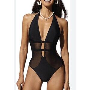 NWT! CUPSHE Women's 1 Piece Bathing Swimsuit Deep V Neck Halter Back Tie Mesh, M